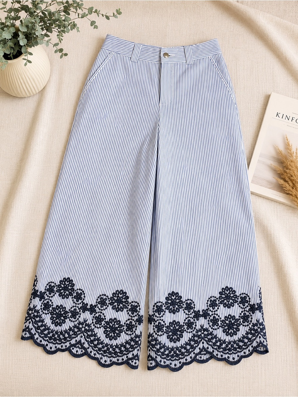 ZARA Blue & White Striped Embroidered Wide-Leg Pants – Size XS